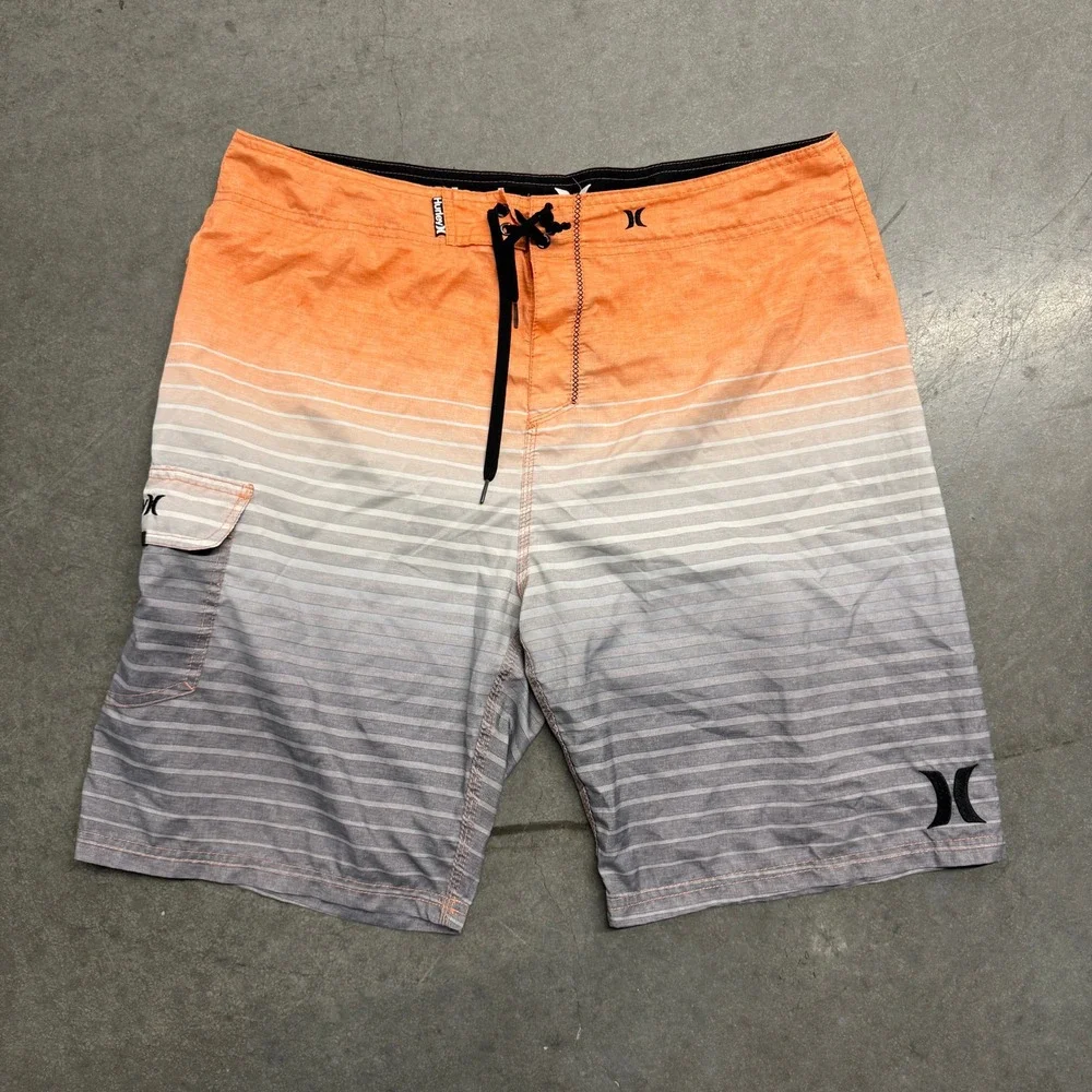 Hurley Buckle Mens Board Shorts Orange Grey Ombre Striped Swim Trunks Size 36